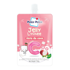 Mogu Mogu Lychee Jelly with nata de coco in pink pouch, contains vitamins A, C, E, 150g