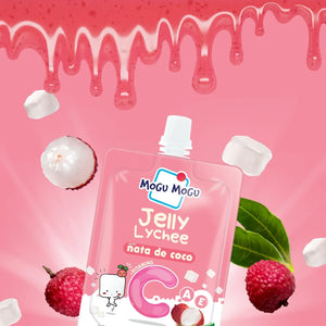 MoGU MoGU Jelly Lychee packaging on a pink background with lychees and marshmallows.