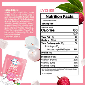 Mogu Mogu Lychee Jelly drink pouch with lychee fruit, nata de coco, and nutrition facts label