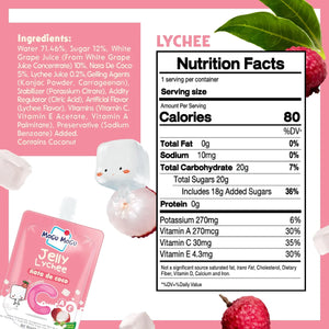 Mogu Mogu Jelly Lychee drink pouch with nutrition facts and ingredients on pink background with lychee fruit