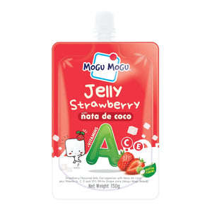 Red packaging of Mogu Mogu Jelly Strawberry with nata de coco on a white background