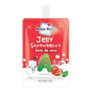 Red packaging of Mogu Mogu Jelly Strawberry with nata de coco on a white background
