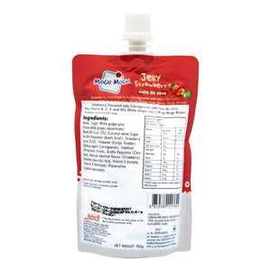 Mogu Mogu Strawberry flavored jelly with nata de coco pouch showing ingredients and nutrition facts