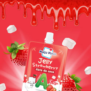 Mogu Mogu Strawberry Jelly packaging on a red background with strawberries and marshmallows.