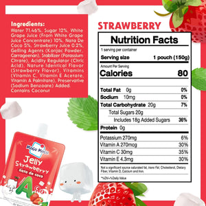 Strawberry Mogu Mogu Jelly pouch with nata de coco, ingredients and nutrition facts label
