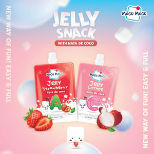 Mogu Mogu Jelly Snack strawberry and lychee flavors with nata de coco in colorful pouches and fruit visuals