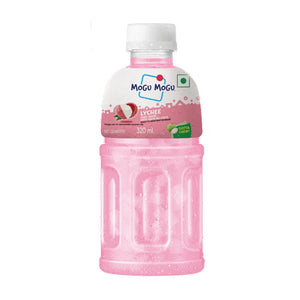 Mogu Mogu lychee juice drink bottle with pink liquid and white cap, 320 ml