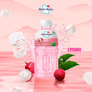 Mogu Mogu lychee juice drink bottle with lychee fruits, green leaves, and jelly cubes on pink background