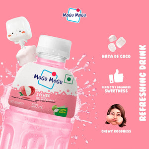 Mogu Mogu lychee juice drink bottle with nata de coco on pink background, highlighting sweetness and chewiness