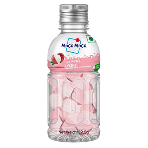 Mogu Mogu sugar free lychee flavored candy with vitamin C in a transparent bottle