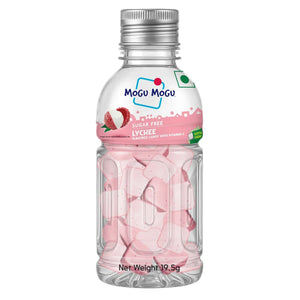 Mogu Mogu sugar free lychee flavored candy with vitamin C in a transparent bottle