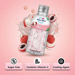 Mogu Mogu lychee flavored sugar free candy bottle with lychee fruit and product benefits on pink background