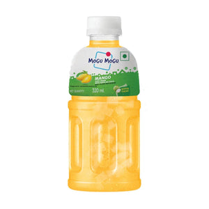 Mogu Mogu mango juice drink bottle with nata de coco, 320ml, yellow beverage with condensation