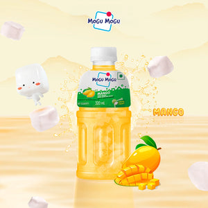Mogu Mogu mango juice drink with nata de coco, 320ml bottle, splash background, mango image