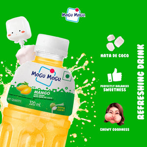 Mogu Mogu mango juice drink bottle with nata de coco on bright green background, highlighting sweet, chewy refreshment