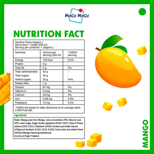 Mogu Mogu Mango drink nutrition facts and ingredients label with mango illustration.