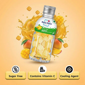 Mogu Mogu sugar free mango candy bottle with mangoes, highlighting vitamin C and cooling agent.