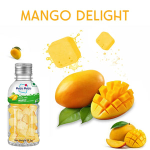 Mango flavored candy bottle with fresh mangoes and mango cubes on white background