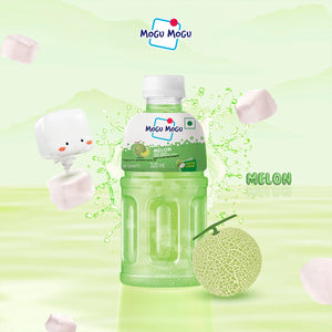 Mogu Mogu Melon juice drink bottle with melon fruit, splashes, and nata de coco cubes on light green background