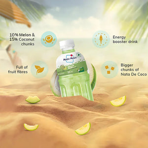 Mogu Mogu melon drink bottle on sandy beach with melon slices and coconut half, featuring fruit fiber and energy boost