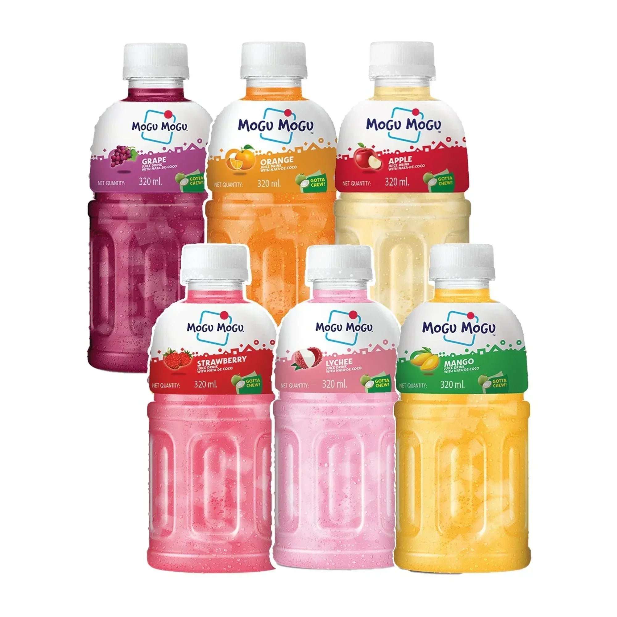 Assorted Mogu Mogu fruit drinks in six flavors, 320ml bottles with colorful labels