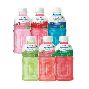 Six colorful 320ml Mogu Mogu juice bottles in flavors lychee, strawberry, blackcurrant, melon, pink guava, and watermelon with nata de coco