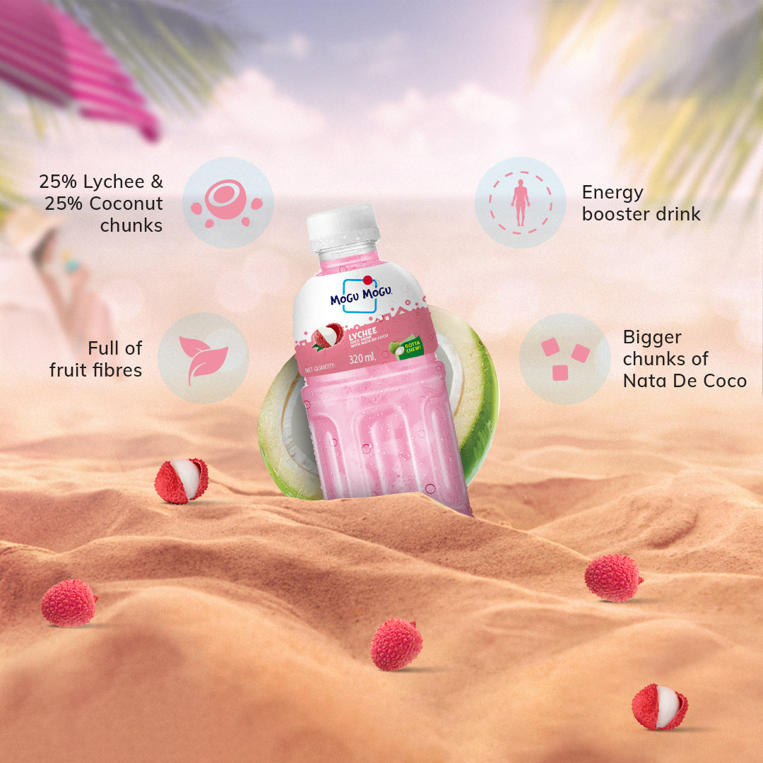 Pink energy booster drink bottle with text on a beach background