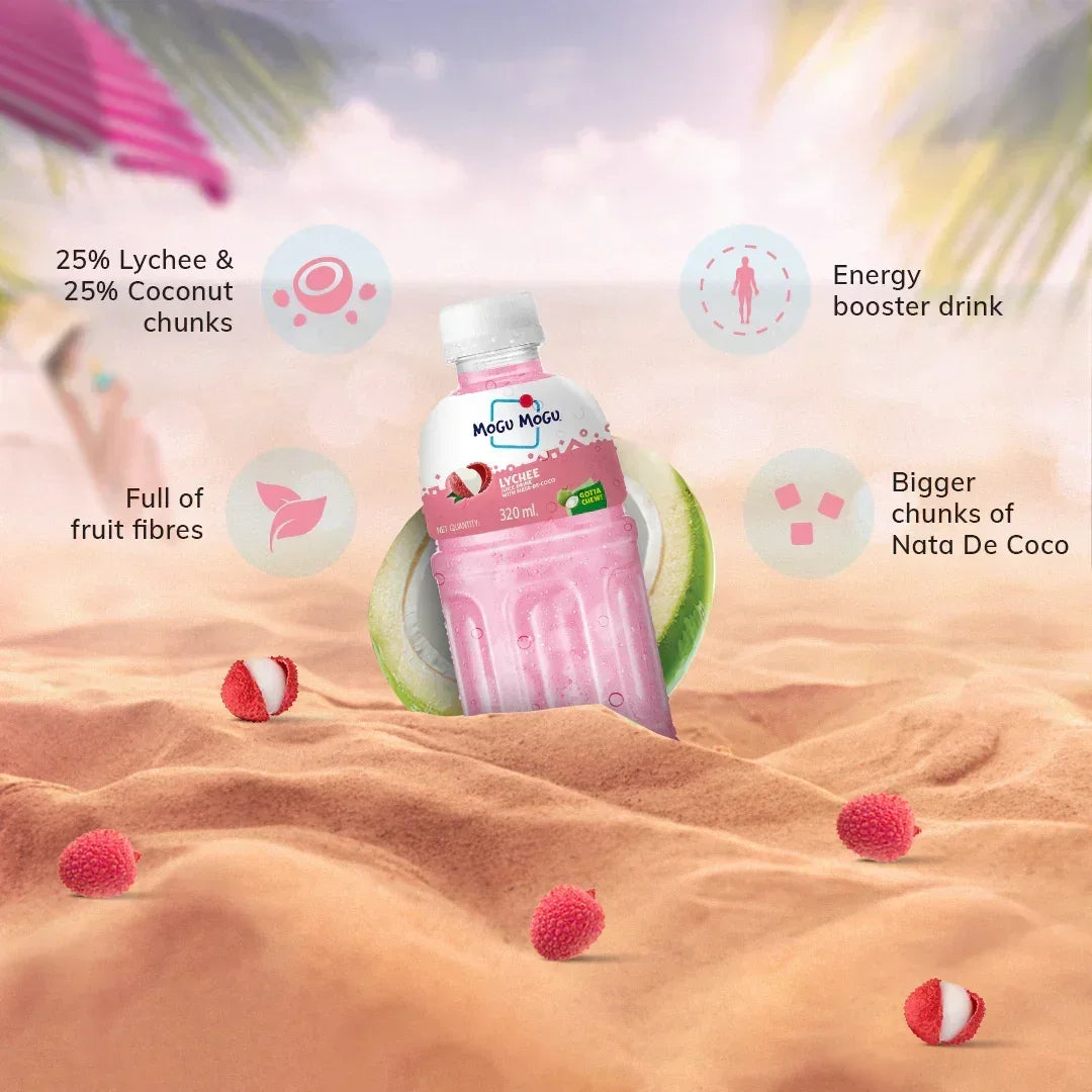 Mogu Mogu lychee flavor energy drink bottle with coconut and lychee chunks on sandy beach