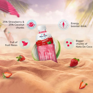 Mogu Mogu strawberry coconut drink bottle on sandy beach with strawberries and text highlighting fruit fibers and nata de coco chunks