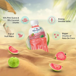 Mogu Mogu Pink Guava juice drink with coconut chunks in sandy tropical setting with guava fruit