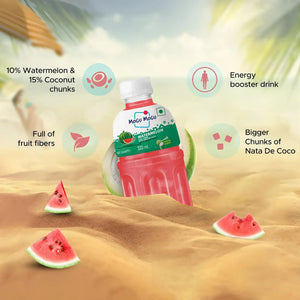 Mogu Mogu watermelon juice drink with coconut chunks, advertised as energy booster with fruit fibers