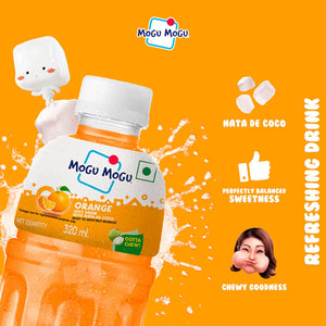 Mogu Mogu orange juice drink with nata de coco splash on vibrant orange background