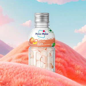 Mogu Mogu sugar free peach candy bottle with peach visuals and soft pastel background