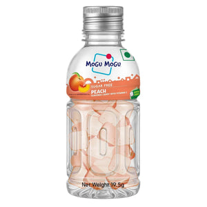Mogu Mogu sugar free peach flavored candy with vitamin C in clear bottle packaging