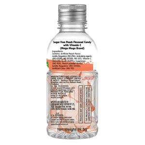 Sugar free peach flavored candy with vitamin C in a transparent bottle, 19.5g, product label visible.