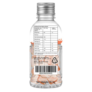 Clear plastic bottle of peach candy with nutritional facts label and barcode on the back.