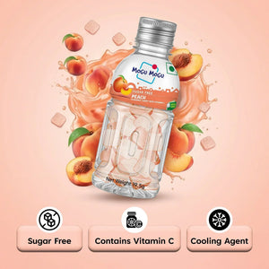 Mogu Mogu peach sugar free candy bottle with peach fruits and features like vitamin C and cooling agent.