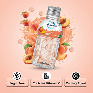 Mogu Mogu peach sugar free candy bottle with peach fruits and features like vitamin C and cooling agent.