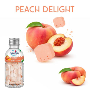 Mogu Mogu sugar free peach candy bottle with fresh peaches and peach-flavored candy cubes.