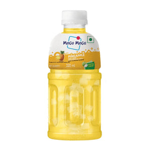 Mogu Mogu pineapple juice drink with nata de coco in a 320 ml bottle with water droplets