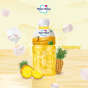 Mogu Mogu pineapple juice drink bottle with nata de coco cubes and fresh pineapple slices