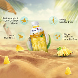 Mogu Mogu pineapple drink bottle in sand with pineapple and coconut background, highlighting fruit chunks and energy booster