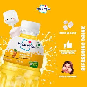 Mogu Mogu pineapple juice drink with nata de coco, chewy goodness, and splash on yellow background