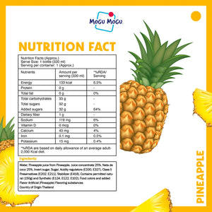 Pineapple juice nutrition facts label with whole pineapple and pineapple slices, Mogu Mogu logo