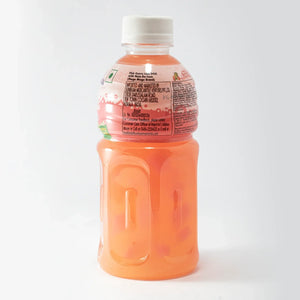 Small plastic bottle of Mogu Mogu pink guava juice drink with nata de coco, white cap
