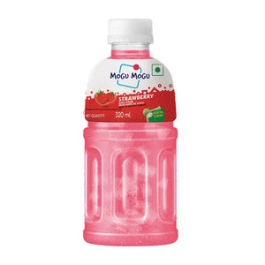 Mogu Mogu strawberry juice drink bottle 320ml with nata-de-coco, pink liquid, and water droplets
