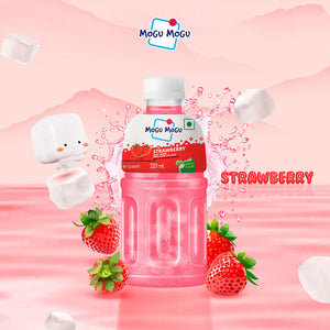 Mogu Mogu strawberry juice drink bottle with fresh strawberries and nata de coco cubes on pink background