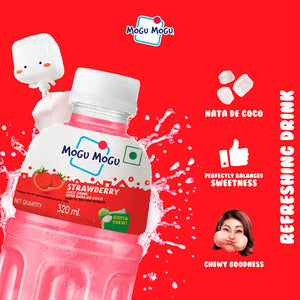 Mogu Mogu strawberry juice drink bottle with nata de coco chunks and splash on red background