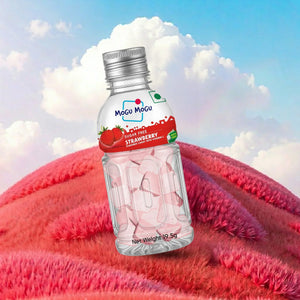 Mogu Mogu sugar free strawberry candy bottle on pink fuzzy surface with blue sky and clouds