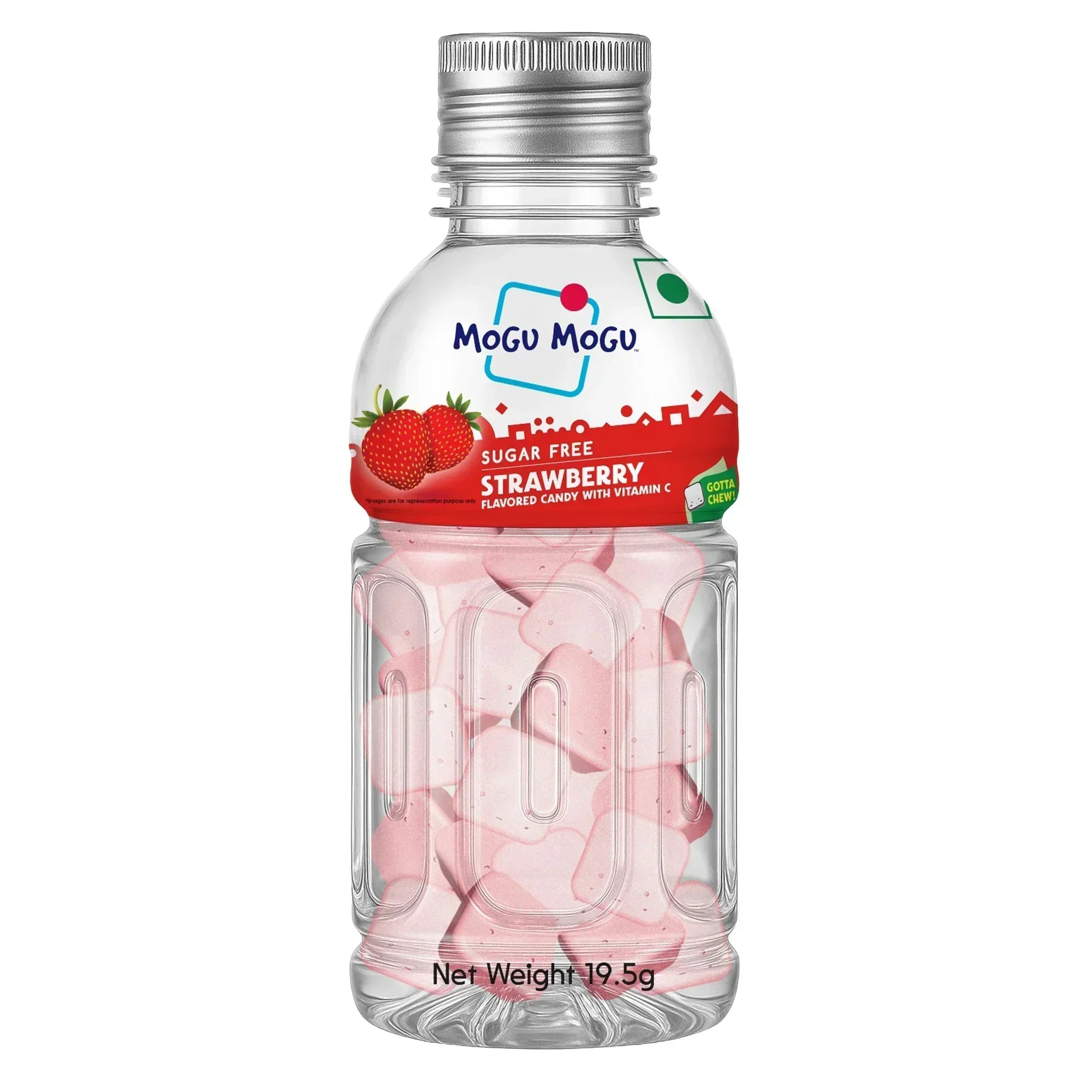 Mogu Mogu sugar free strawberry flavored candy bottle with pink candies inside